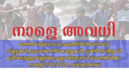 പത്തനംതിട്ട ജില്ലയിൽ വിദ്യാഭ്യാസ സ്ഥാപനങ്ങൾക്ക് നാളെ (1) അവധി