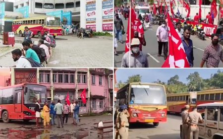 ദേ​ശീ​യ പ​ണി​മു​ട​ക്ക് സം​സ്ഥാ​ന​ത്ത് പൂ​ർ‌​ണം; കെ​എ​സ്ആ​ർ​ടി​സി ബ​സു​ക​ൾ ത​ട​ഞ്ഞു,