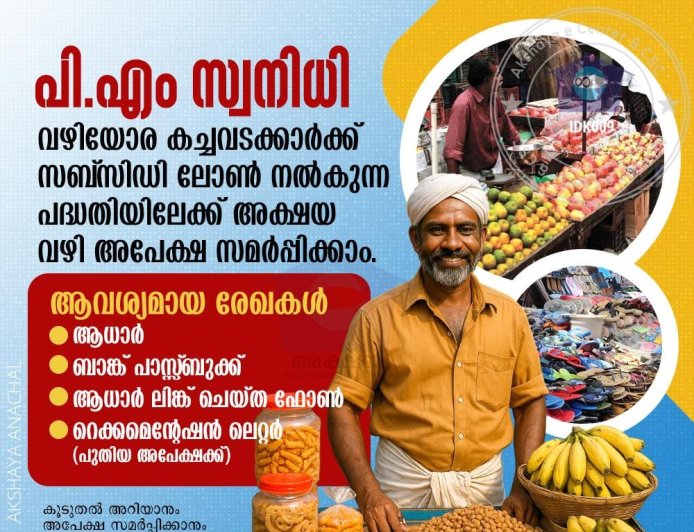 വഴിയോര കച്ചവടക്കാർക്ക് PM സ്വനിധി പദ്ധതി പലിശ സബ്സിഡി ലോണ്‍