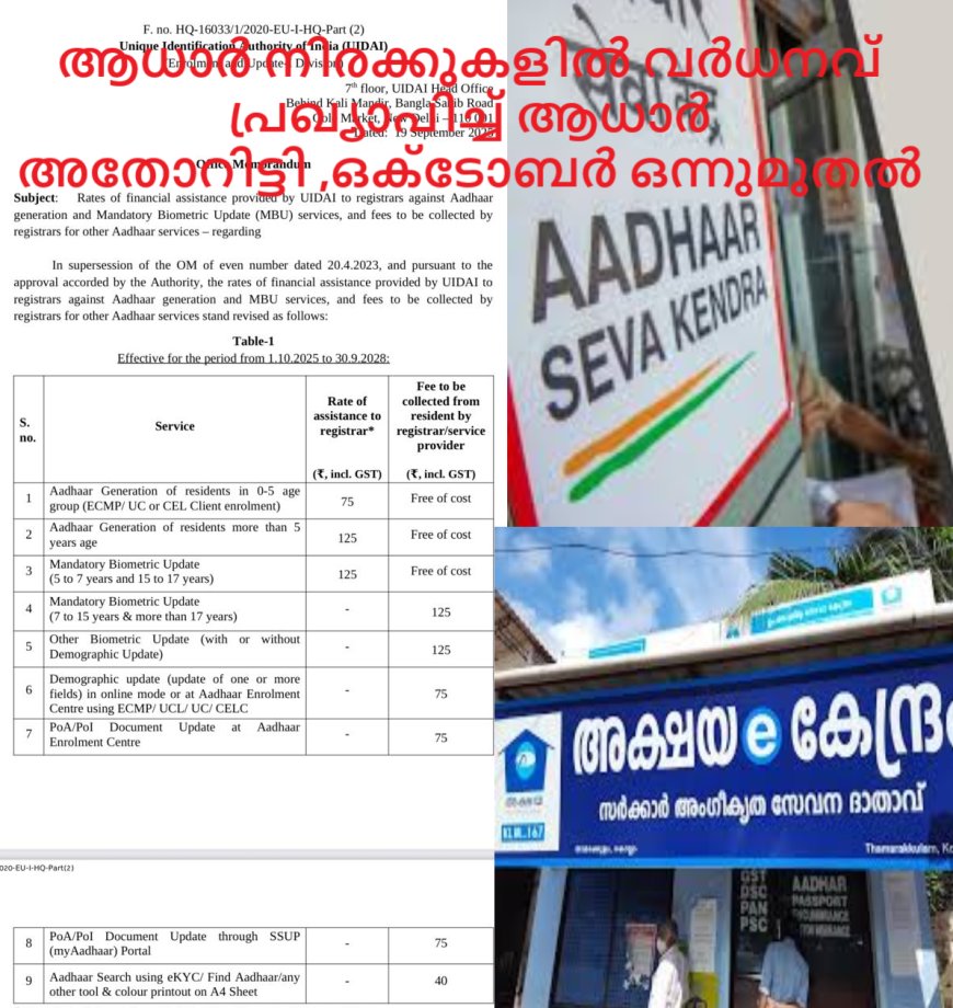 ആധാർ നിരക്കുകളിൽ വർധനവ് പ്രഖ്യാപിച്ച് ആധാർ അതോറിട്ടി ,ഒക്ടോബർ ഒന്നുമുതൽ നിലവിൽ വരും