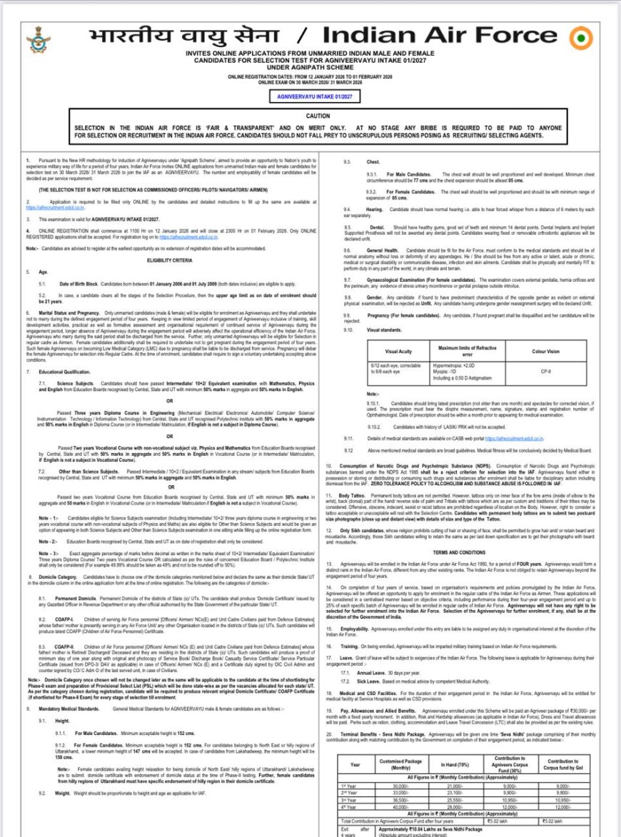 ഇന്ത്യൻ വ്യോമസേനയിൽ അഗ്നിവീരാകാൻ അപേക്ഷ ക്ഷണികുന്നു