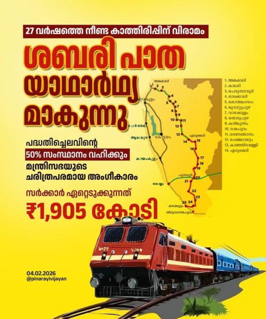 ശബരിപാത യാഥാർത്ഥ്യമാക്കാൻ നിർണായക തീരുമാനം; പദ്ധതി ചെലവിന്റെ പകുതിയും സംസ്ഥാന സർക്കാർ വഹിക്കും