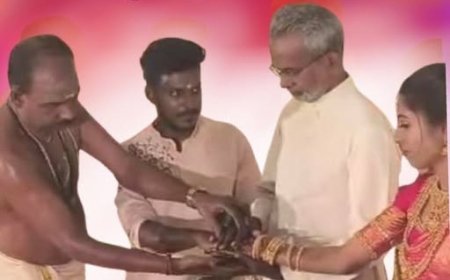 ഹൈന്ദവാചാര പ്രകാരം നടന്ന വിവാഹത്തിന് വധുവിൻ്റെ കൈ പിടിച്ച് വരന് നൽകി വൈദികൻ