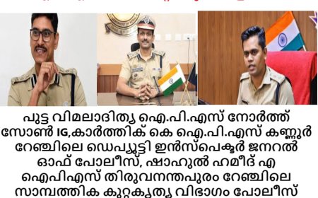 പുട്ട വിമലാദിത്യ ഐ.പി.എസ് നോർത്ത് സോൺ IG,കാർത്തിക് കെ ഐ.പി.എസ് കണ്ണൂർ റേഞ്ചിലെ ഡെപ്യൂട്ടി ഇൻസ്പെക്ടർ ജനറൽ ഓഫ് പോലീസ്, ഷാഹുൽ ഹമീദ് എ ഐപിഎസ് തിരുവനന്തപുരം റേഞ്ചിലെ സാമ്പത്തിക കുറ്റകൃത്യ വിഭാഗം പോലീസ് സൂപ്രണ്ടായി