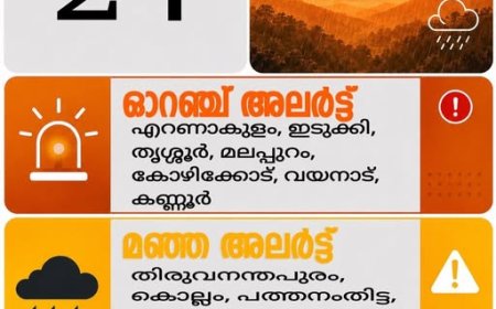 ആഗസ്റ്റ്  24  തിങ്കളാഴ്ച വിവിധ ജില്ലകളിൽ   ഓറഞ്ച്, മഞ്ഞ  അലർട്ടുകൾ പ്രഖ്യാപിച്ചിട്ടുണ്ട്. ജനങ്ങൾ ജാഗ്രത പാലിക്കണം.