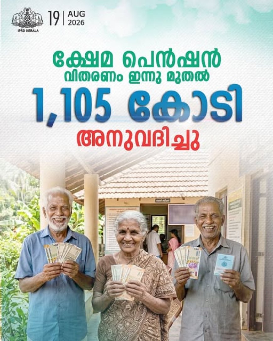 ക്ഷേമ പെൻഷൻ വിതരണം ആരംഭിച്ചു. സമയബന്ധിതമായി പെൻഷൻ ലഭ്യമാക്കുന്നതിനായി സർക്കാർ  ₹1,105 കോടി രൂപ അനുവദിച്ചു .