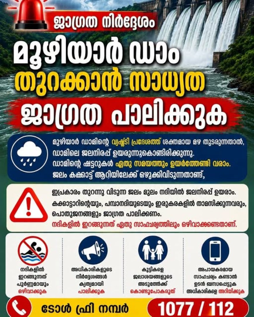 മൂഴിയാർ ഡാമിൽ റെഡ് അലർട്ട്;  ഷട്ടറുകൾ തുറക്കാൻ സാധ്യത